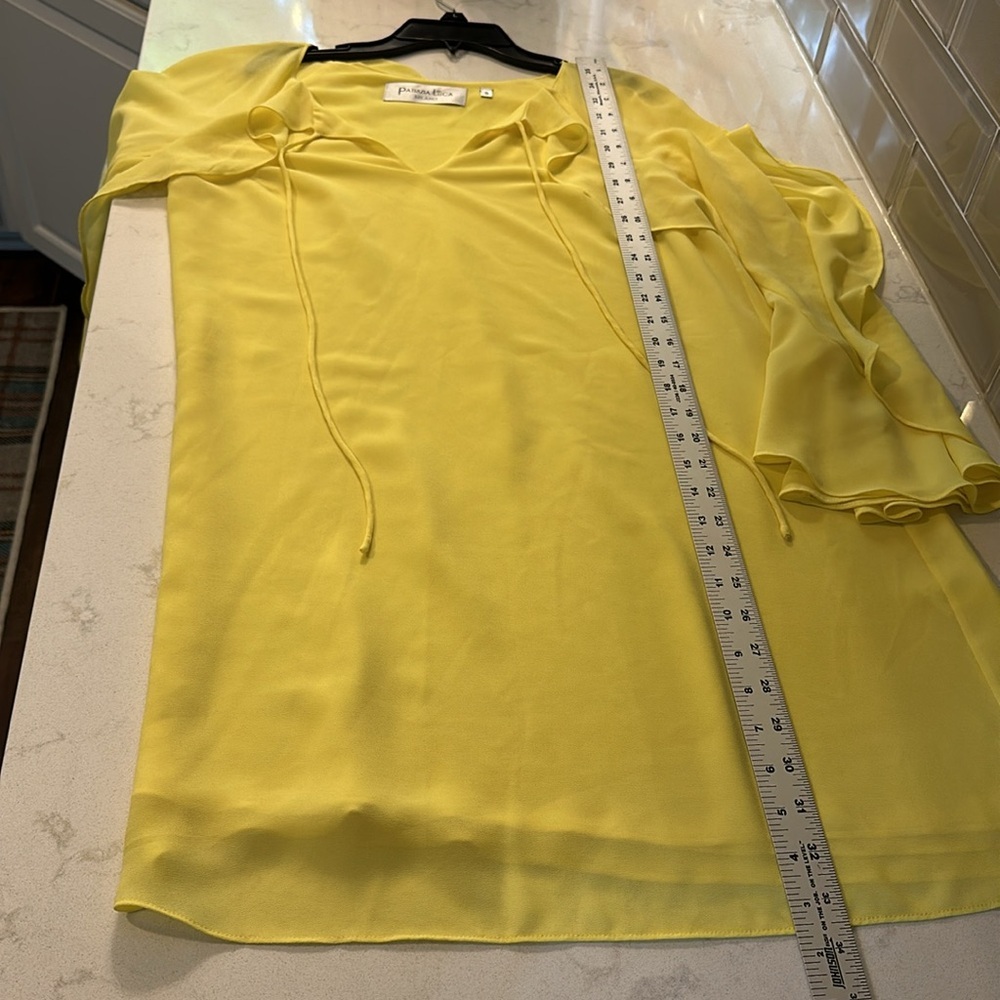 P. LUCA MILANO YELLOW V-NECK W/TIE RUFFLE MIDI‎  DRESS~ SIZE SMALL CLASSY - Picture 8 of 9